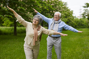 Happy smiling active healthy senior family retired couple making wings with hands spreading arms like plane and flying during rest in green park or forest outdoors. Retirement lifestyle concept