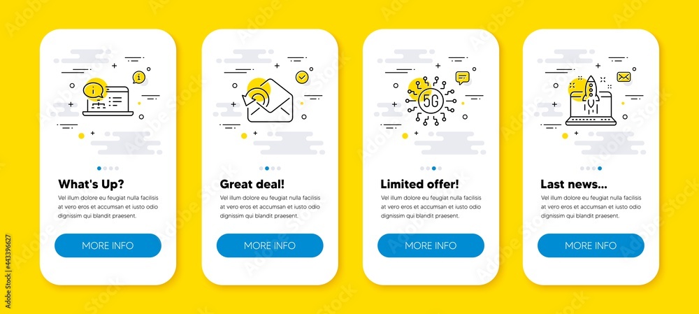 Poster vector set of online documentation, 5g technology and send mail line icons set. ui phone app screens
