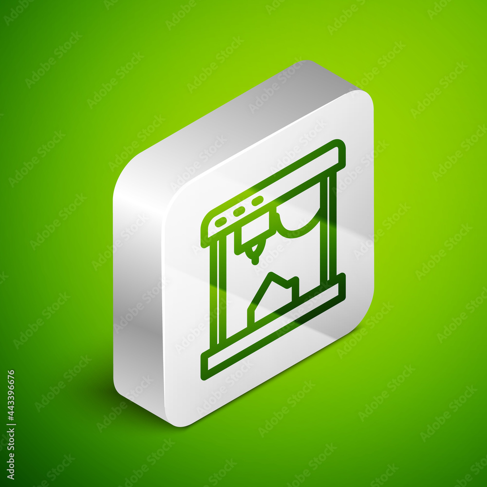 Poster isometric line 3d printer icon isolated on green background. silver square button. vector