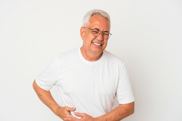 Senior american man isolated on white background having a liver pain, stomach ache.
