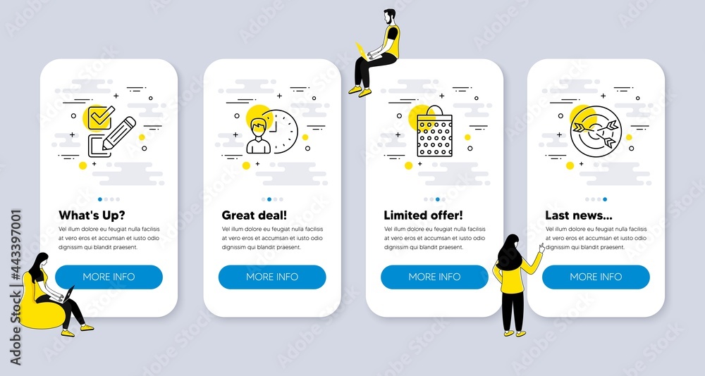 Poster vector set of line icons related to working hours, checkbox and shopping bag icons. ui phone app scr