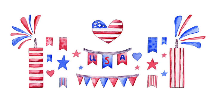 A set of elements for the Independence Day in the United States. Hand drawn patriotic design with flags, hearts, stars. Watercolor Illustration isolated on white background for cards, stickers, banner