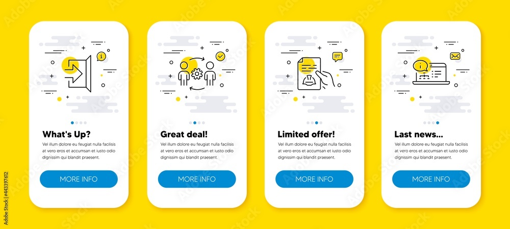 Poster vector set of engineering team, technical documentation and exit line icons set. ui phone app screen
