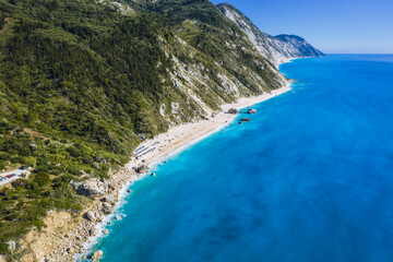 Fototapeta na wymiar Aerial view of Kalamitsi beach with turquoise blue Ionian Sea, Lefkada island, Greece.