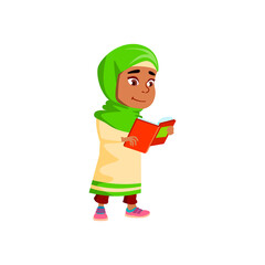 Girl Walking And Reading Educational Book Vector. Arabian Little Child Staying And Read Interesting Story In Book. Character Schoolgirl Studying And Enjoy With Literature Flat Cartoon Illustration