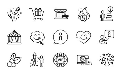 Holidays icons set. Included icon as Shopping cart, Vip chip, Fireworks stars signs. Circus tent, Online shopping, Fireworks symbols. Yummy smile, Christmas holly, Smile face. Marketplace. Vector