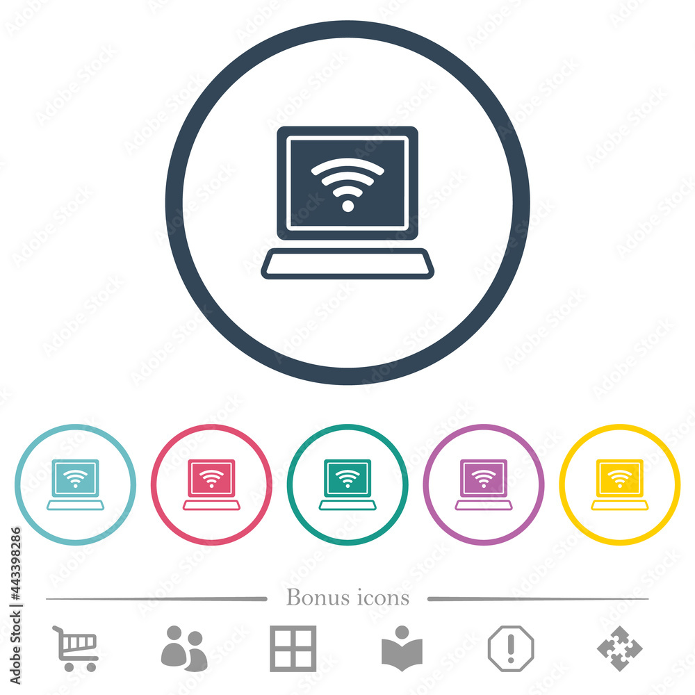 Poster laptop computer with wireless symbol alternate flat color icons in round outlines