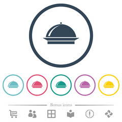 Food tray with gloss flat color icons in round outlines