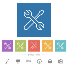 Wrench and screwdriver outline flat white icons in square backgrounds