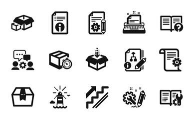 Vector set of Documentation, Algorithm and Lighthouse icons simple set. Package box, Engineering team and Engineering icons. Delivery timer, Technical documentation and Stairs signs. Vector