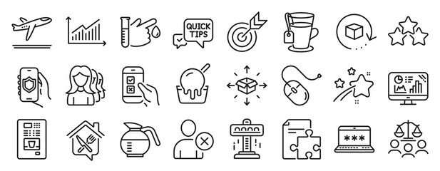 Set of Business icons, such as Coffee vending, Computer mouse, Target icons. Court jury, Falling star, Attraction signs. Delete user, Strategy, Analytics graph. Food delivery, Graph, Tea. Vector