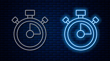 Glowing neon line Stopwatch icon isolated on brick wall background. Time timer sign. Chronometer sign. Vector