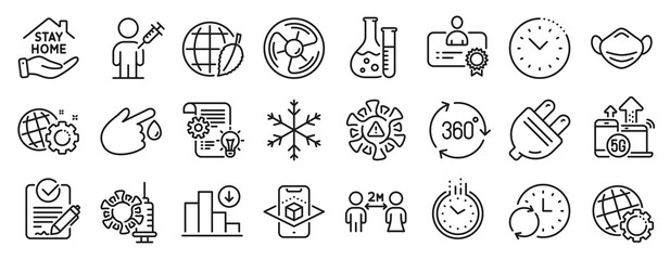 Set of Science icons, such as People vaccination, 360 degree, Seo gear icons. Augmented reality, Rfp, Chemistry lab signs. Globe, Snowflake, 5g internet. Air fan, Coronavirus, Update time. Vector