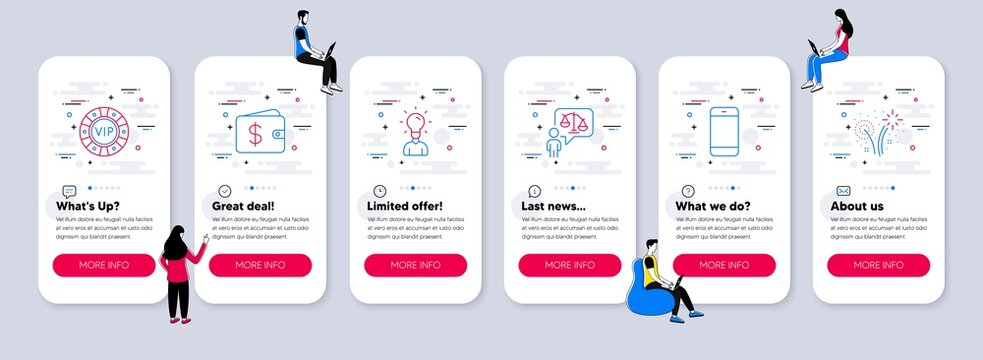 Vector Set of Business icons related to Smartphone, Education and Dollar wallet icons. UI phone app screens with teamwork. Vip chip, Lawyer and Fireworks line symbols. Vector