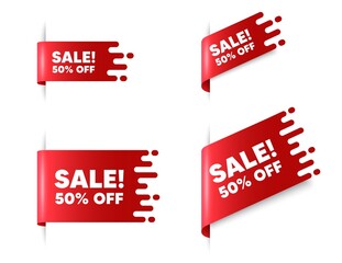 Sale 50 percent off discount. Red ribbon tag banners set. Promotion price offer sign. Retail badge symbol. Sale sticker ribbon badge banner. Red sale label. Vector