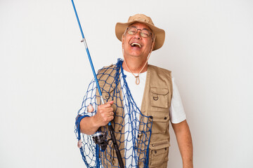 Senior american fisherman holding net isolated on white background