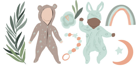 Happy childhood collection. Set with toys. Childish elements. New born symbols. Pregnant. Mother and child