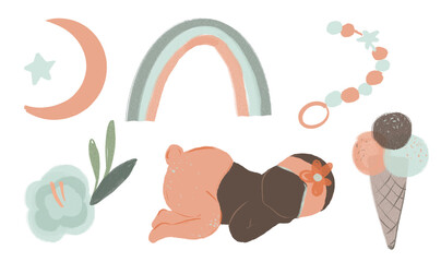 hand drawn baby collection for nursery decoration with cute rainbows, fruit, bunting.