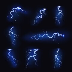Lightnings realistic. Thunder light sparks, storm flash, thunderstorm blitz. Power energy charge, electric voltage symbols, blue glowing symbol, vector isolated on black background set - obrazy, fototapety, plakaty