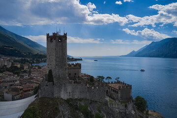 Fototapeta na wymiar Castle of Malcesine, panorama aerial view. Castle on Lake Garda top view.