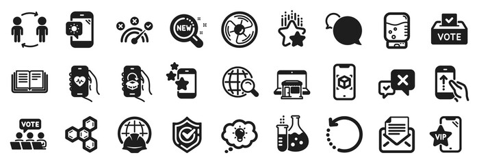 Set of Technology icons, such as Internet search, Confirmed, Augmented reality icons. Education, Messenger, Weather phone signs. Recovery data, Marketplace, Chemistry flask. Ranking stars. Vector