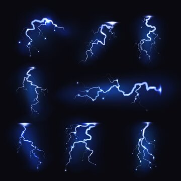 Lightnings realistic. Thunder light sparks, storm flash, thunderstorm blitz. Power energy charge, electric voltage symbols, blue glowing symbol, vector isolated on black background set
