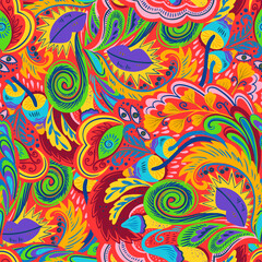Colorful seamless pattern with crazy psychedelic organic abstract elements, print with plant and mushrooms 