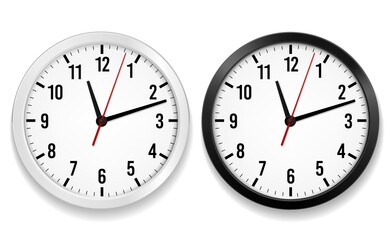 Office clock realistic. Round watches with time arrows and black or white face, wall hanging element with second, hour and minute pointer, interior decor object isolated 3d vector illustration