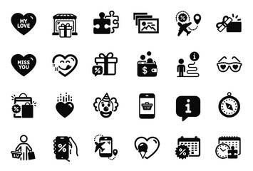 Vector Set of Holidays icons related to Travel compass, Gift shop and Puzzle time icons. Heart, Opened gift and Clown signs. Smartphone buying, Miss you and Photo album. Puzzle, Ice cream. Vector