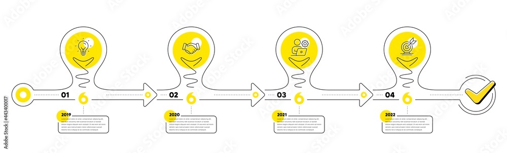 Poster business infographic timeline with 4 steps. lightbulb journey path infographics. workflow process di