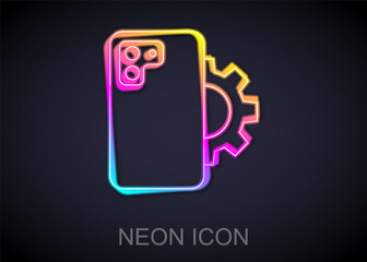 Glowing neon line Phone repair service icon isolated on black background. Adjusting, service, setting, maintenance, repair, fixing. Vector