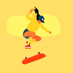 Fototapeta na wymiar Girl riding on a skateboard, minimalism design