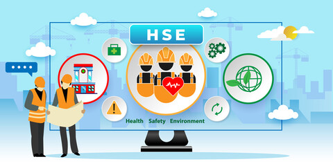 HSE. Health Safety Environment, Environmental Protection and Health Safety Concept With icons. Cartoon Vector People Illustration