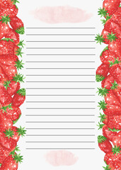 Recipe page template. Cookbook page template. Sheet of paper in a line Watercolor recipe page with strawberry decor. Page for culinary book. Page with strawberries for recipes, desserts.