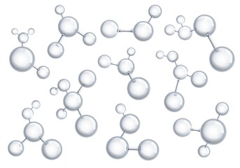 Chemistry macro models. 3d transparency molecular structures collection, molecules with reflection. Genetic and biotechnology abstract formulas. Organic frames vector isolated set