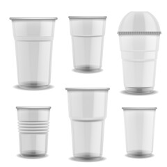 Disposable cups transparent plastic. Glasses with dome lid empty various size for cold and hot drinks, coffee or juice takeaway, blank beverages packaging, tableware vector realistic set