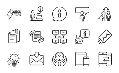 Education icons set. Included icon as Marketing, Phone communication, Mobile devices signs. E-mail, Document attachment, Safe time symbols. Consulting business, Employee result line icons. Vector