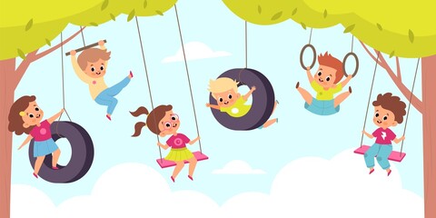 Obraz na płótnie Canvas Rope swing. Happy cute children hang on swings, outdoor kids games, little boys and girls altitude flying back and forth. Summer playground or game zone in park, vector cartoon concept