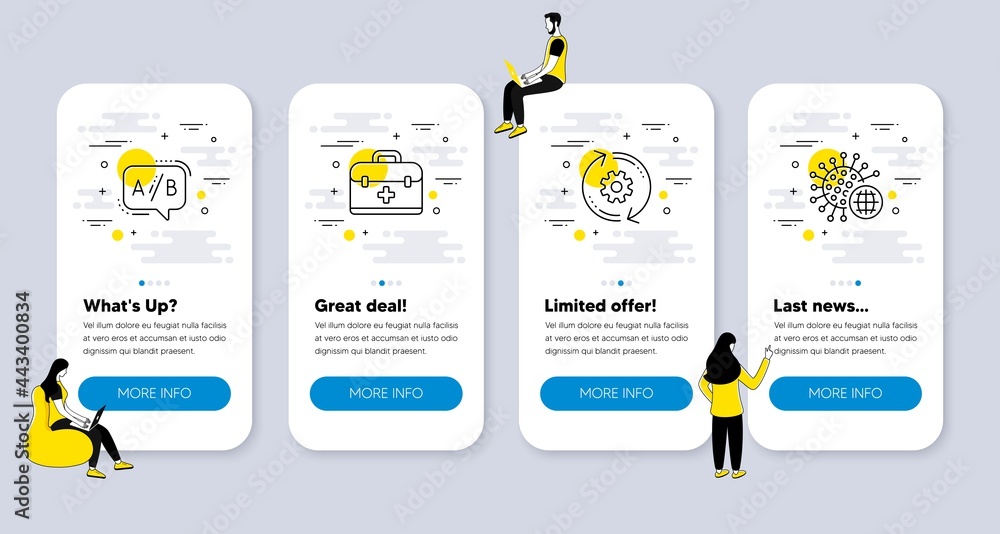 Aufkleber vector set of science icons related to cogwheel, ab testing and first aid icons. ui phone app screen