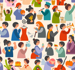 Seamless pattern cartoon people in simple flat style. Vector endless wallpaper characters.
