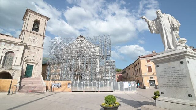 The facade of the Palazzo comunale di Norcia, Perugia, Italy, next to the basilica of San Benedetto, destroyed by the earthquake