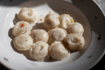 Dumplings in a plate. It's a regular meal.