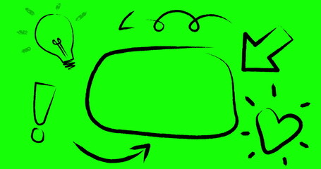 Image of black outlined speech bubble with arrow and icons on green screen background