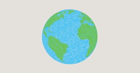 Image of planet earth in blue and green spinning on grey background