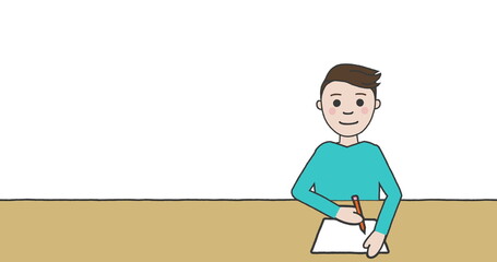 Image of illustration of schoolboy sitting at desk and writing on white background