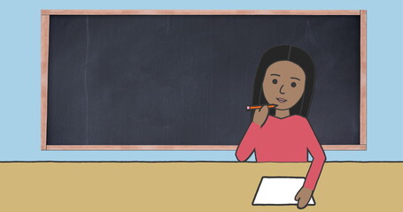 Image of illustration of schoolgirl sitting at desk and writing with blackboard in background