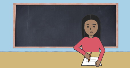 Image of illustration of schoolgirl sitting at desk and writing with blackboard in background