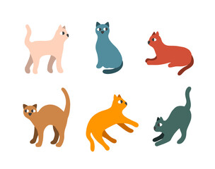 Set of lovely hand drawn cats in retro colors.