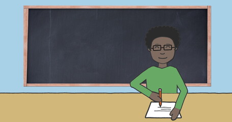 Image of illustration of schoolboy sitting at desk and writing with blackboard in background