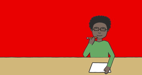 Image of illustration of schoolboy sitting at desk and writing on red background